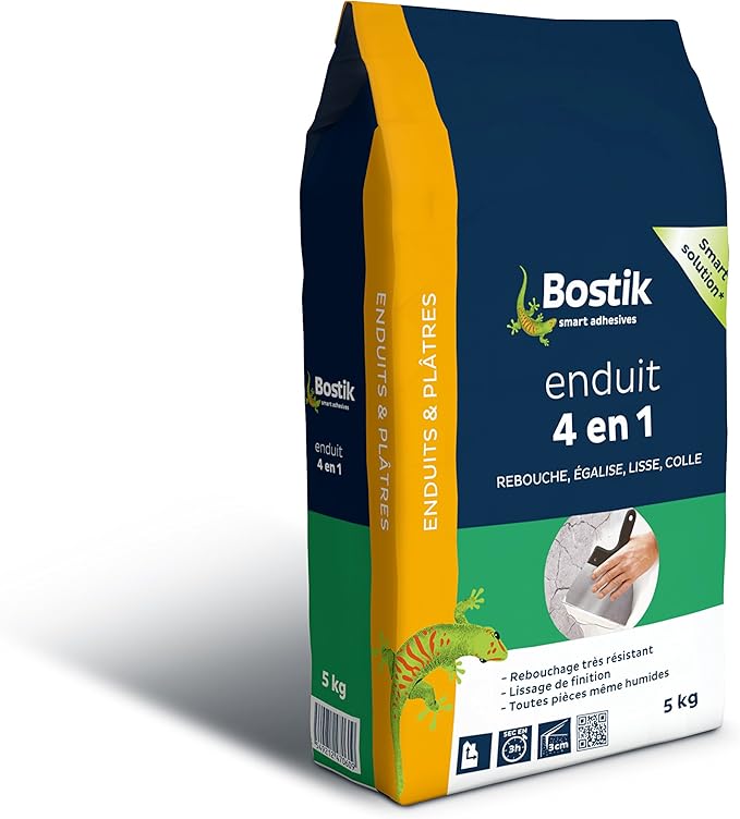 Enduit 4 en 1 poudre 5kg de Bostik est un enduit mural d'intérieur.